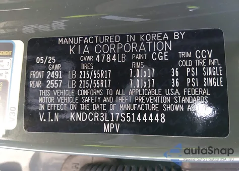 2025 Kia Niro Ev Wind z USA, uszkodzony, nr VIN KNDCR3L17S5144448